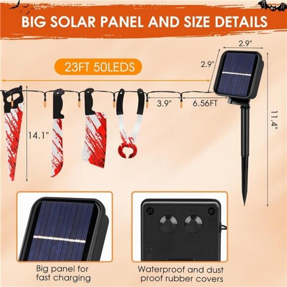 Halloween Solar String Lights with Fake Knife, 16.4FT and 50 Orange LEDs - Picture 7 of 8